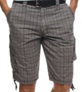 Step into some prep with a rugged edge with these plaid cargo shorts from Marc Ecko Cut & Sew.