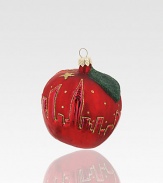 One of New York's favorite nicknames is literally depicted in this delicate glass apple with a glittering outline of the city skyline under twinkling stars.Handmade and hand-paintedGlassAbout 4H X 3.5 diam.Imported