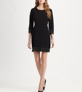 Studs add edgy glamour to this crepe dress while classic princess seams and a touch of stretch ensure a phenomenal fit.Round neckThree-quarter sleevesPrincess seamsStud detailsBack zipperAbout 23 from natural waistPolyester/rayon/spandexDry cleanImportedSIZE & FIT Model shown is 5'11 (180cm) wearing a US size 4. 