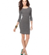 Go for a graphic look with this black & white striped BCBGMAXAZRIA mini dress -- pop it with bright extras for standout spring style!