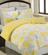 Vibrant yellow chrysanthemums with light gray stems create a complete perk-up for your modern bedroom. A basket weave accent lines the reverse and decorative pillow while solid gray offers a perfect backdrop for the cascading flowers. Fine embroidery and thin piping leave exquisite finishing touches on the ensemble. (Clearance)