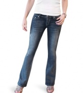 A faded blue wash and lightly-distressed details adds antiqued flavor to Levi's skinny flares. They already look perfectly worn-in but without the work!
