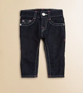 Thick, contrast stitching with neon bartacks, silvertone hardware and signature pockets define this comfy, slim-fitting pair.Front button closureAdjustable waistband with belt loopsZip flyFive-pocket styleCotton/SpandexMachine washImported of domestic fabric