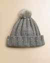 A true head-turner, this rib-knit hat is dotted with sparkly beads and topped with a fluffy pompom.Rib-knit construction Sparkly bead accentsTonal pompomPolyester/nylon/wool/angora/cashmereDry cleanImported
