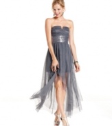 Party fairy: a sheer, high-low overlay gives Roberta's party dress an air of whimsy. Finished with a wide, sequin band, this frock is a dreamy pick for the most special affair!