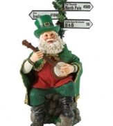 The luck of the Irish! Santa traded his traditional red suit for this Celtic-inspired green ensemble. With an instrument in hand, he sings Christmas carols at the crossroads of Ireland and the North Pole.