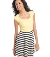 Be Bop's sweet dress features a cap-sleeve, solid bodice and a striking striped, pleated skirt. It gives you the look of a top and skirt without the hassle of matching pieces!