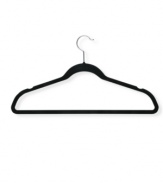 Wrinkles stay away when garments are left hanging around on these incredibly soft and undeniably durable clothes hangers. Perfectly contoured with 360º swivel hook, each black velvet hanger is gentle on delicate garments and provides a non-slip surface that holds garments right in place.