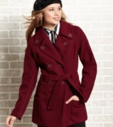 Timeless style meets innovative detail on this wool-blend belted peacoat replete with buttoned-up style. From Jou Jou.