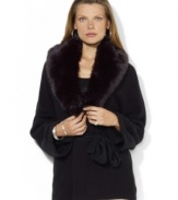 A plush detachable faux-fur collar lends luxurious style to Lauren Ralph Lauren's soft knit wrap cardigan with modern dolman sleeves.