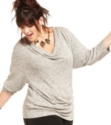 Sparkle this season in American Rag's three-quarter-sleeve plus size sweater, fashioned from a metallic knit.