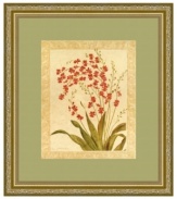 Delicate red begonias put garden lovers at ease. Surrounded by an elegant scroll motif, this classic botanical design has a serene, quiet grace. The antique gold hue and embossed leaf embellishment on the frame complement the print's warm, natural tones.