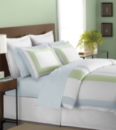 Suite simplicity. Soothing shades come together in Martha Stewart Collection's Thompson Square duvet cover for a polished, serene appeal. Featuring a smart frame design and crisp tailoring in woven cotton sateen.