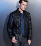 Keep your look sleek and streamlined with this cool, casual faux leather jacket from INC International Concepts.