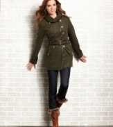 Attention! Enlist in fashion's chic army with this sleek, military-style coat that flaunts stately, faux-leather piping and an assembly of gold-tone buttons. From JJ Basics.