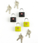 Keep your belongings under lock and key. Secure your luggage with a set of Travel Sentry Approved locks, each equipped with a special system that allows TSA screeners to open the lock without destroying it, safely relocking it after inspection.