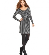 A metallic striped knit dress from Studio M gets a twist at the front bodice for a luxe optical effect.