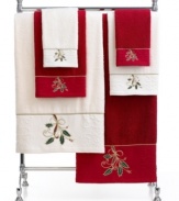 Ring in the holiday season in Lenox style. Featuring soft cotton embellished with festive holly-and-ribbon embroidery and tasteful touches of gold, this bath towel charms your bath with seasonal elegance.