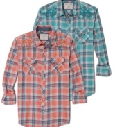 Laid-back plaid. This shirt from Guess gives your weekend style a rough and rugged edge.