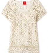 Boho chic, this open crochet sweater features a scoop neck and cami underlayer - great with jeans or a flowy skirt.