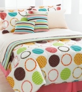 Prints charming. Featuring patterned circles and bold stripes, the Lalla reversible comforter set lets your creativity take center stage – just mix and match the reversible comforter, sham, sheeting and decorative pillows for countless fresh new looks! Sheeting features a diamond print on one side and a geo floral motif on the other. (Clearance)