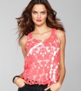 Bold tie-dye coloring updates a crochet-knit petite tank top from INC. Great for layering, too!