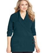 Buckle up a chic casual look with Debbie Morgan's plus size sweater, finished by a shawl collar.
