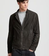 This premier suede jacket has major presence. Refined and cool at the same time, it boasts flashy zipper detail and designer slits at the elbow for a modern, downtown edge.