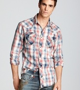 True Religion crafts a super-cool western shirt in a traditional plaid for classic appeal, the perfect complement to a pair of rugged blue jeans.