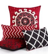 Captivating at a glance, this INC International Concepts Ikat decorative pillow features rich red embroidery that provides a graphic punch of color to your bedding ensemble.