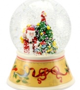 All kinds of merry, the annual Christmas Tree snow globe from Spode combines the cheery new partridge and pear tree motif with Santa Claus under a flurry of snow.