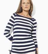 Bold stripes grace the front of a three-quarter-sleeve tee, crafted with an elegant ballet neckline and drawcord detailing at the hem to create chic ruching.