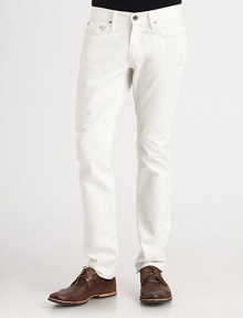 Classic silhouette, washed and treated to lend a soft hand and broken-in feel, in smooth, cotton.Five-pocket styleInseam, about 34CottonMachine washMade in USA