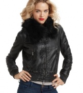 The Kantha motorcycle jacket from GUESS? toughens up your fall wardrobe with sleek styling!