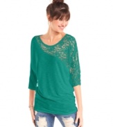 A little lace goes a long way on Planet Gold's three-quarter sleeve top. Style the piece with your favorite jeans for a great way to give your casual look personality!