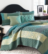 An array of flourishes and florals in a palette of aqua, yellow and brown come together in this Reba quilt from Steve Madden for an artistically ornate appeal. Different patterns are pieced together for an eclectic touch.