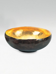 From the Sona Collection. A modern take on an ancient offering bowl, this glowing, gold-lined design has a simple, modern shape but the fascinating feel of an artifact unearthed long ago.Solid bronze with an oxidized finishGold interiorHand-finished12 diameter X 4.75HHand washImported From the Sona Collection. A modern take on an ancient offering bowl, this glowing, gold-lined design has a simple, modern shape but the fascinating feel of an artifact unearthed long ago.Solid bronze with an oxidized finishGold interiorHand-finished12 diameter X 4.75HHand washImported