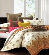 Adorn your Raja bed from Echo with this decorative pillow, featuring a pink embroidered medallion motif on a brown background.