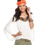 Honor your oath to be fly -- both at home and abroad -- with this batwing sleeve top from Baby Phat! A heavily beaded neckline adds chic punctuation to a draped, minimalist design!
