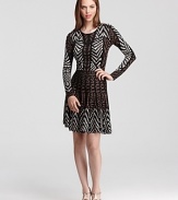 An abstract, geometric print lends a modern feel to this BCBGMAXAZRIA sweater dress--a flared skirt gives a girlish look.