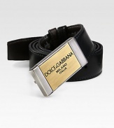 Sleek leather design with engraved burnished gold and polished silver buckle.LeatherAbout 1 wideMade in Italy