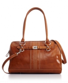 A shiny glaze and contrast stitching add a major dose of fashion to this ultra organized bag by Giani Bernini. A removable shoulder strap, plenty of pockets and an easy top zip closure make this stylish look ideal for the everyday. A shiny glaze and contrast stitching add a major dose of fashion to this ultra organized bag by Giani Bernini. A removable shoulder strap, plenty of pockets and an easy top zip closure make this stylish look ideal for the everyday.