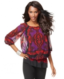 INC mixes rich colors and an intricate print for a peasant top that's touched with exotic charm! INC mixes rich colors and an intricate print for a peasant top that's touched with exotic charm!