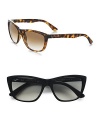 Versatile style with enduring impact in lightweight, injected propionate. Available in light Havana frames with brown gradient lenses or black frames with grey lenses. Logo temple detail UV400 lenses 100% UV protective Made in Italy 