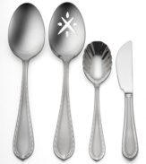 Understated simplicity produces an overall elegant effect in this Powercourt flatware from Waterford. The delicate crisscross pattern around the edge of each handle makes the set subtle enough to look great with virtually any table setting. Made of 18/10 stainless steel. Set includes butter knife, sugar spoon, serving spoon, and pierced spoon.