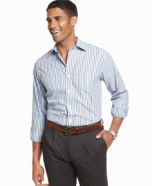 From Nautica's Wear to Work collection, this striped shirt clocks into your wardrobe for the perfect 9-to-5 style. From Nautica's Wear to Work collection, this striped shirt clocks into your wardrobe for the perfect 9-to-5 style.