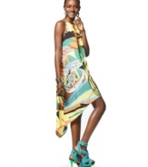 In an irreverently bold owl print, this Neon dress features an asymmetrical hem for added edge -- perfect for standout party style!