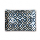 A classic lattice print with hand-applied gold foil lends a dramatic touch to this resplendent glass tray from Fringe.