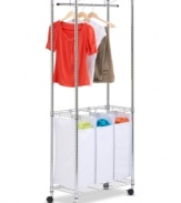 Sort your stuff-organize that mess around the corner with this smart & compact laundry solution. Set on wheels, this portable center goes where you need it most & features ample hanging space, plus three removable, washable bags for separating the colors, the whites and the wild cards.