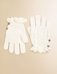 Warm and breathable cotton gloves are knit in a classic cabled stitch and finished with crystal buttons at the cuffs.Cable-knitRuffled cuffsCrystal buttonsCotton/WoolHand washImported Warm and breathable cotton gloves are knit in a classic cabled stitch and finished with crystal buttons at the cuffs.Cable-knitRuffled cuffsCrystal buttonsCotton/WoolHand washImported
